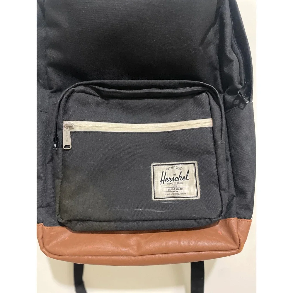 Herschel Supply Co Pop Quiz Backpack Black Tan Faux Leather Bottom Laptop Sleeve